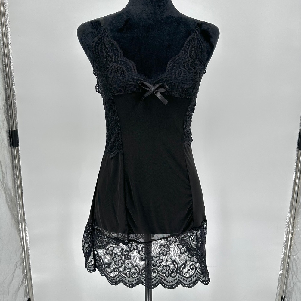 Black Mesh Lace Cami Mini Dress Lingerie Sexy Feminine Babydoll 2 piece Small - Picture 2 of 9